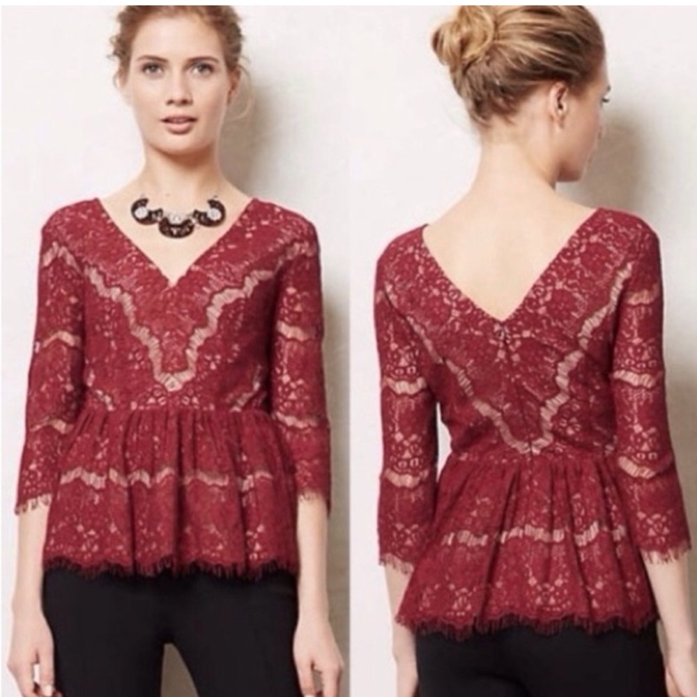 Maeve Burgundy Lace V-Neck Blouse